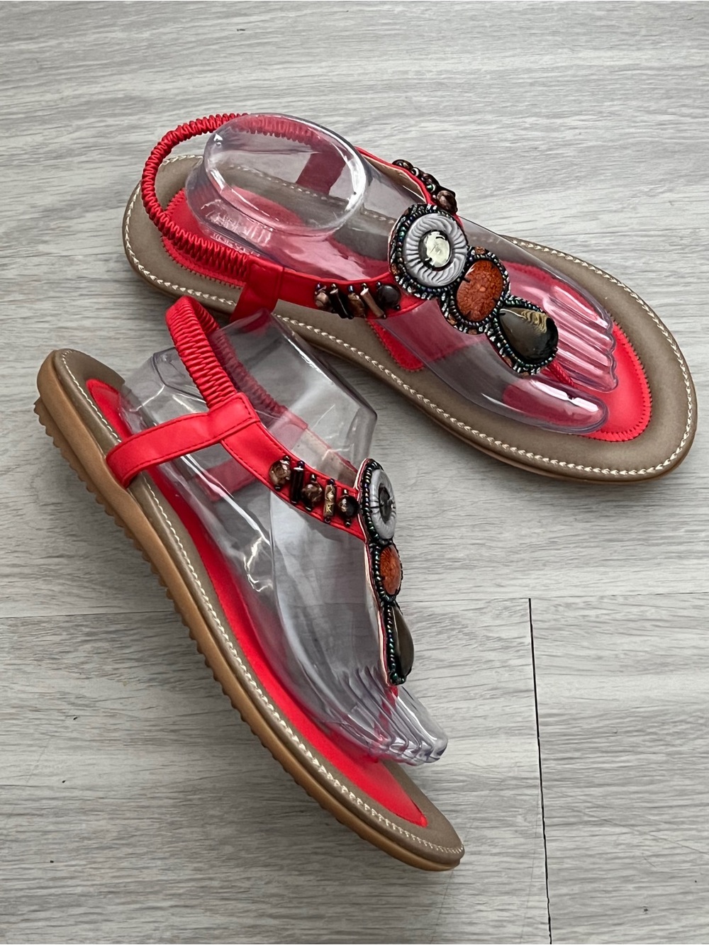 Shibever Coral Red Embellished Jeweled Thong Slingback Sandals Size 45